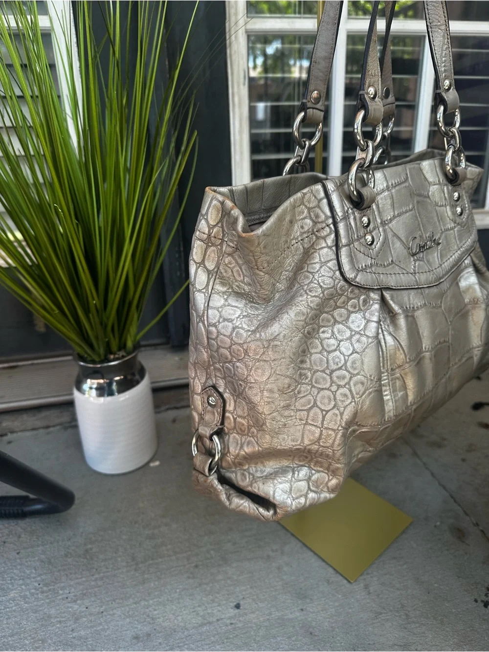 Coach Metallic Croc-Embossed Tote Bag - Silver